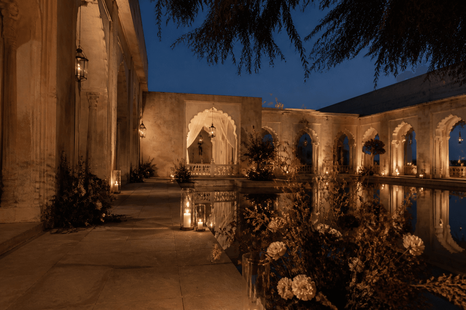 Blue-hour architecture before a destination celebration
